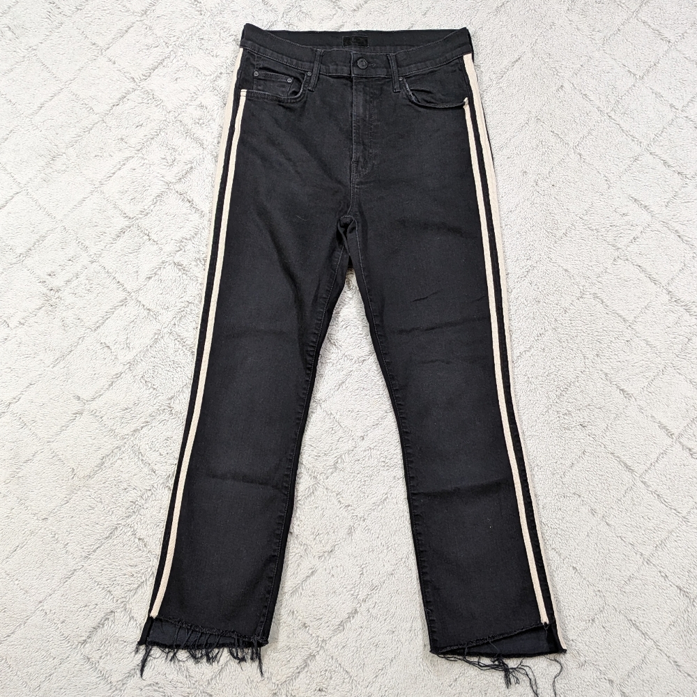 MOTHER Straight-Leg Black Jeans with Cream Side Stripes